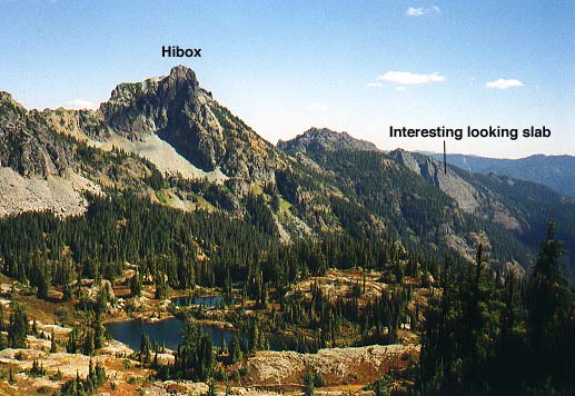 Hibox with interesting slab on ridgeline, Lila Lakes in foreground