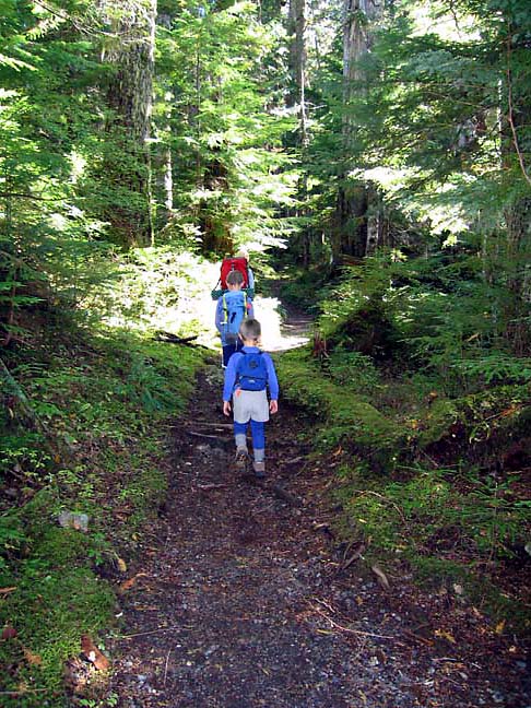 Alex (11), Bryden (7 1/2) and Gavin (4) on the trail in to Boardman Lake